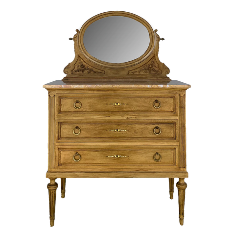 Bleached Louis XVI Dresser | Dresser With Oval Swivel Mirror | Dresser with Mirror