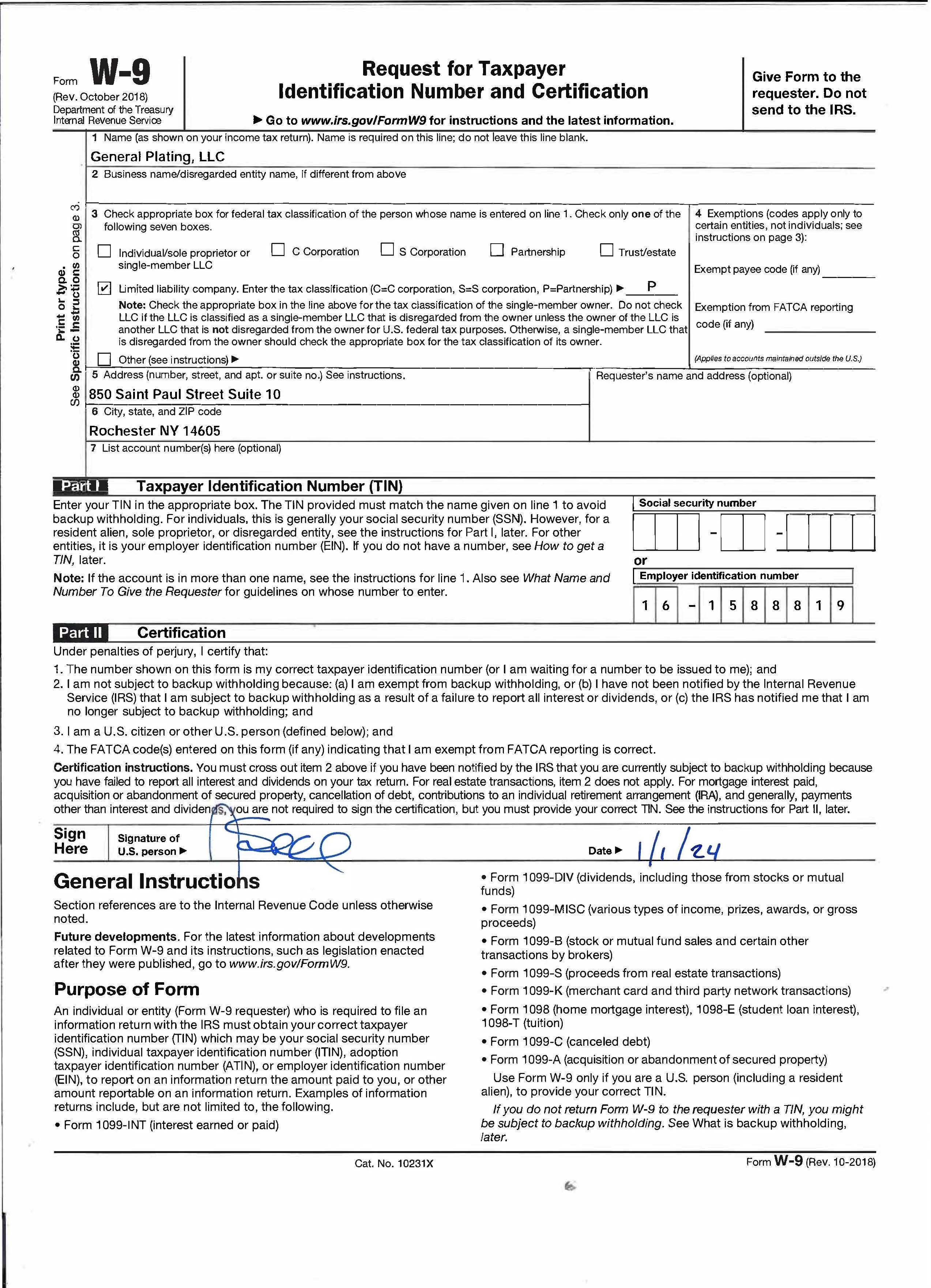 General Plating, LLC W9 Form - 2024