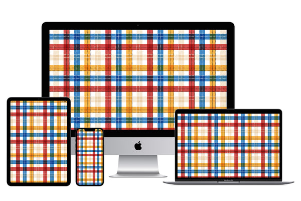MASU JULY DIGITAL WALLPAPERS WITH A RED BLUE YELLOW CREAM PLAID DESIGN WITH WHITE AND BLACK STITCHES