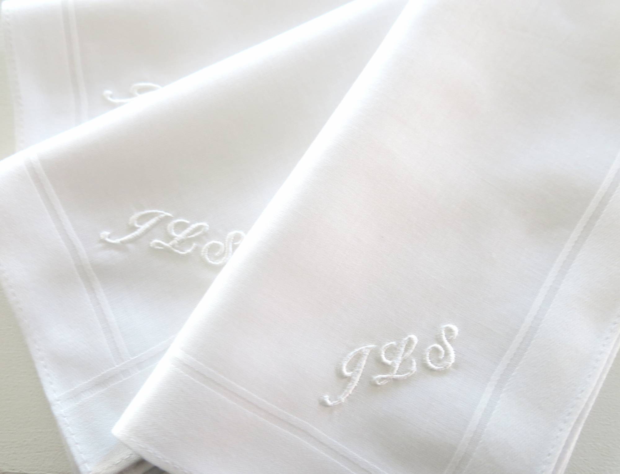 Set of 3 Fine Cotton Mens Handkerchiefs with 3 small script font initials