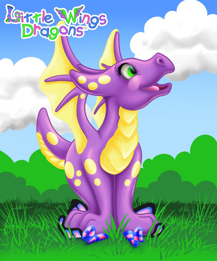 Adorable purple baby dragon with light yellow spots, belly, and wings. Shes standing on a fairy looking up into the sky trying to figure out where it went.