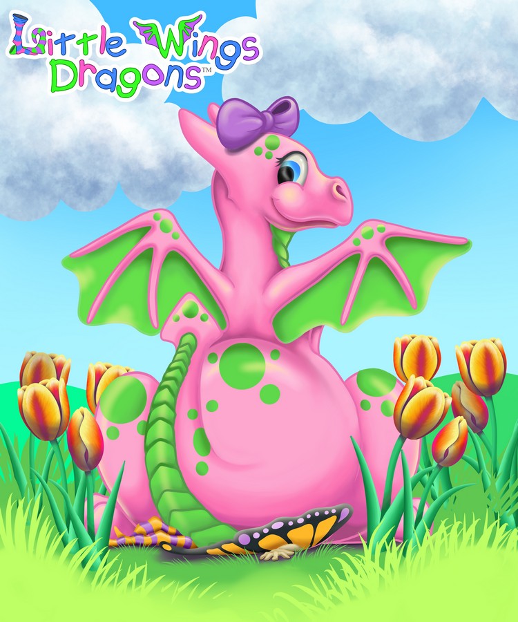 Cute oink baby dragon with green spots, belly, and wings. Shes sitting on a red and orange fairy in a field of tulips