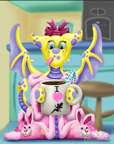 Baby Dragon that is Sunshine yellow with lavender purple spots holding a coffee cup with a fairy in the coffee.