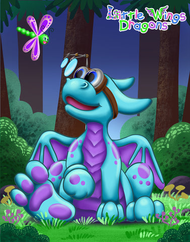 Cute baby dragon teal with purple spots wearing a set of goggles. The goggles have some lenses on gears in front while he's looking at a green and pink dragonfly