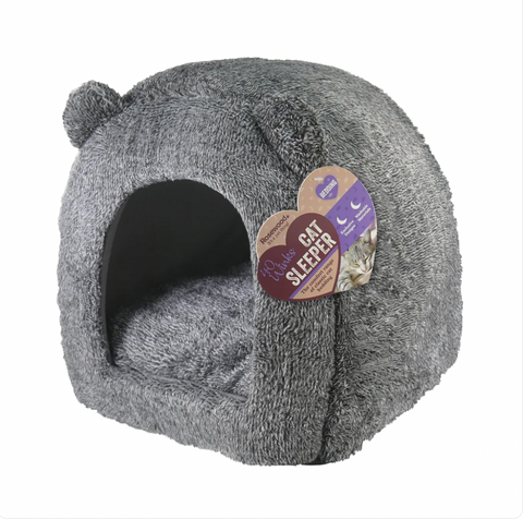 Rosewood Grey Teddy Bear Hooded Cat Bed