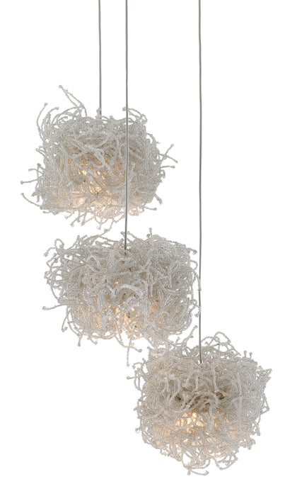 Currey & Company 9000-0696 Birds Nest 3-Light Multi-Drop Pendant, Painted Silver/Clear
