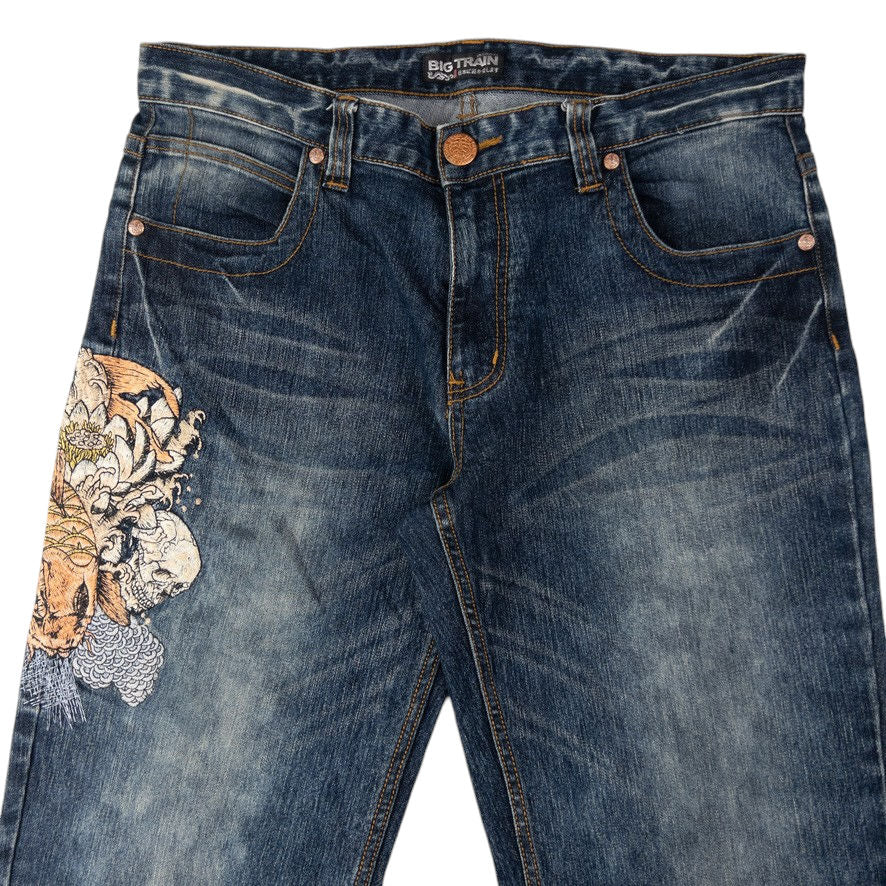 image of Vintage Big Train Embroidered Koi Fish Japanese Denim Jeans Size W36