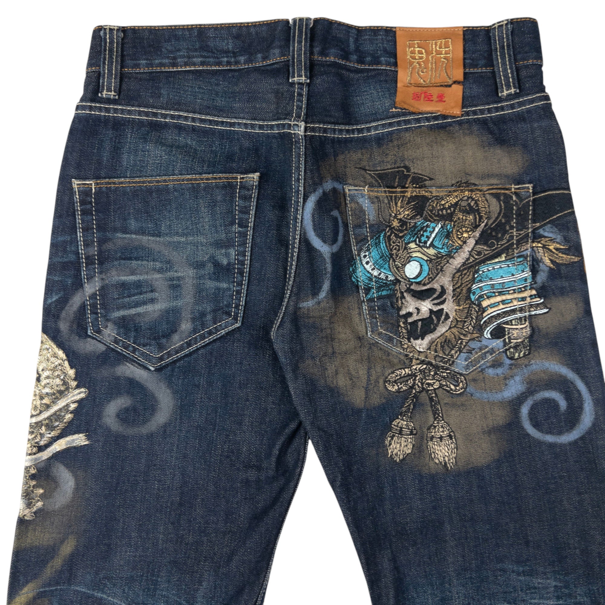 image of Vintage Oniarai Embroidered Dragon Monster Japanese Denim Jeans Size W31