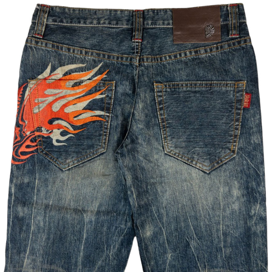 image of Vintage Oniarai Embroidered Devil Japanese Denim Jeans Size W30
