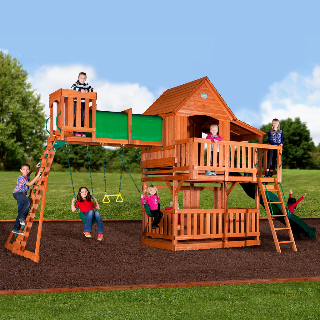 wooden playhouse swing set