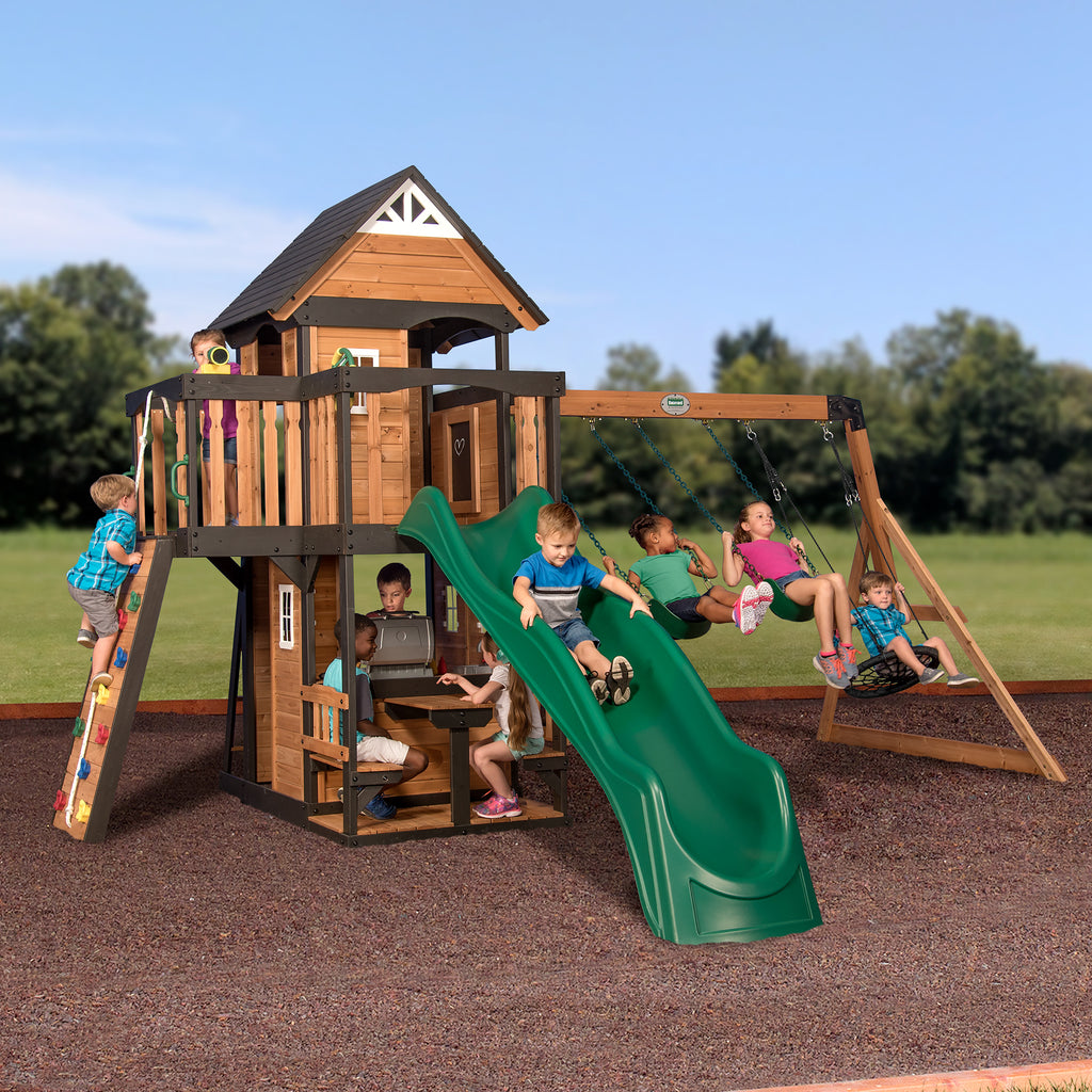 wooden swing set with seesaw