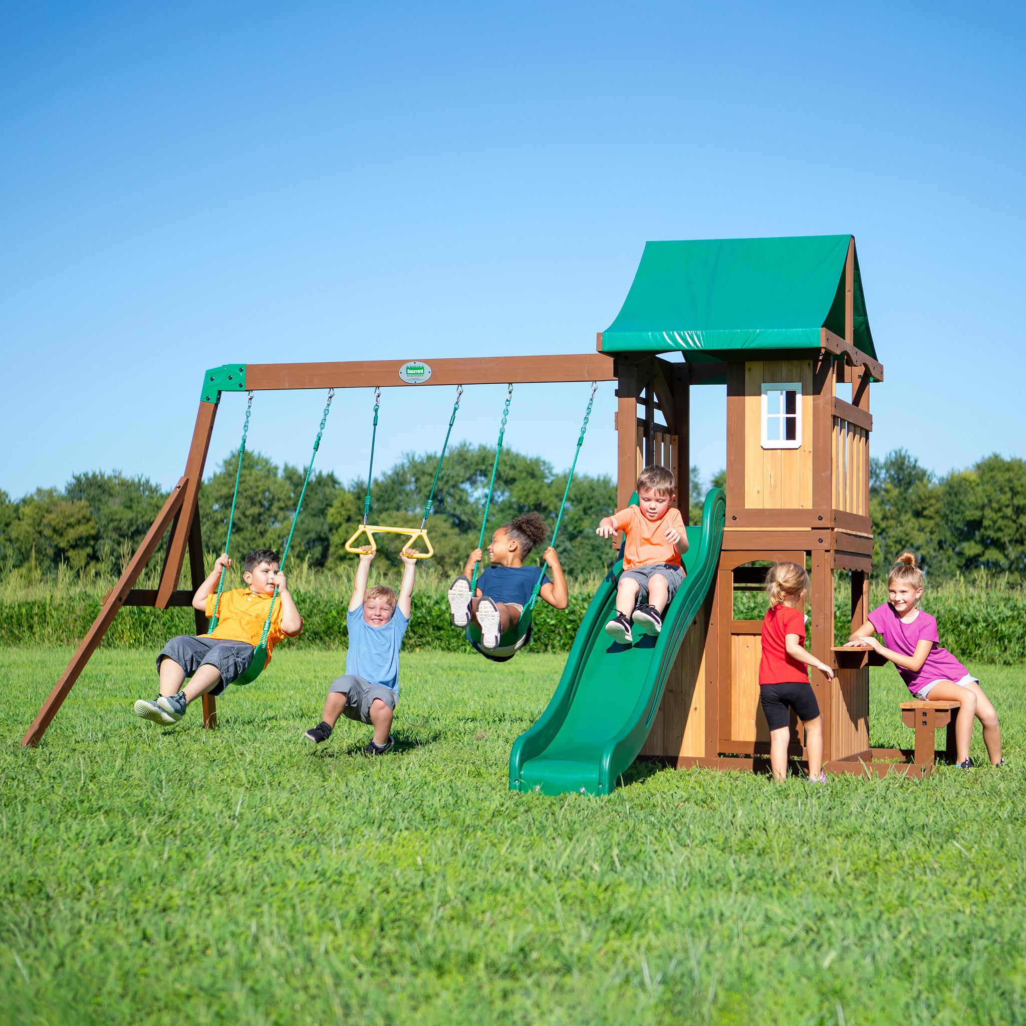 wooden playset with swings