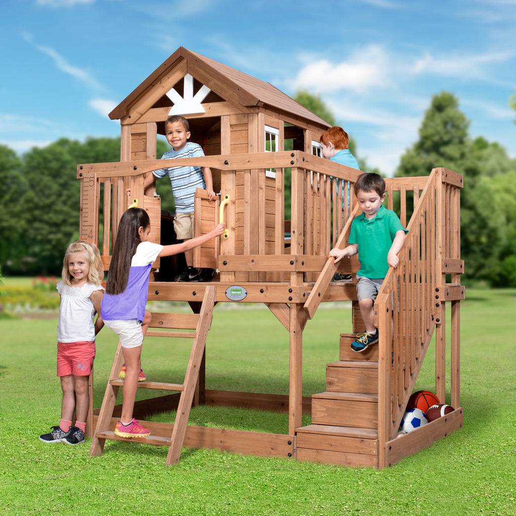 wooden playhouse with stairs