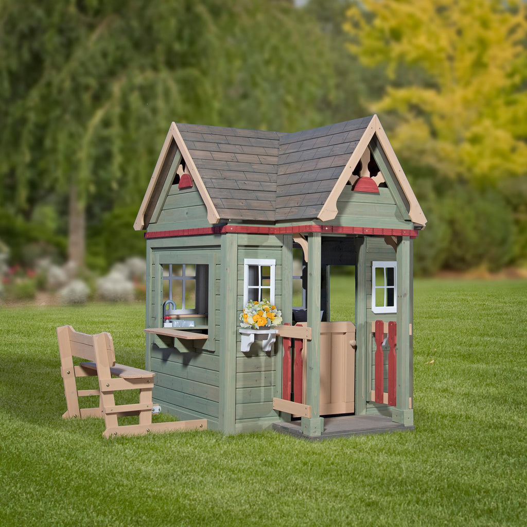 wooden playhouse with kitchen