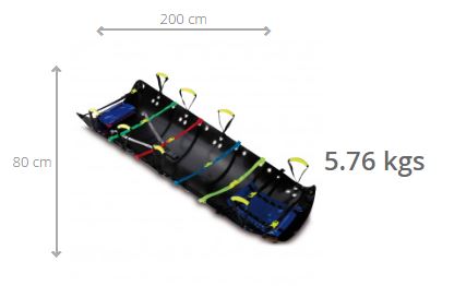 Imagen de las medidas de la camilla de rescate enrollable de PAX