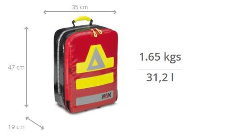 Imagen de las medidas de la mochila de emergencia grande y compacta Rapid Response de PAX