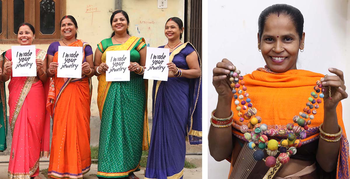 Women artisans in India hold signs reading "I made your jewelry"