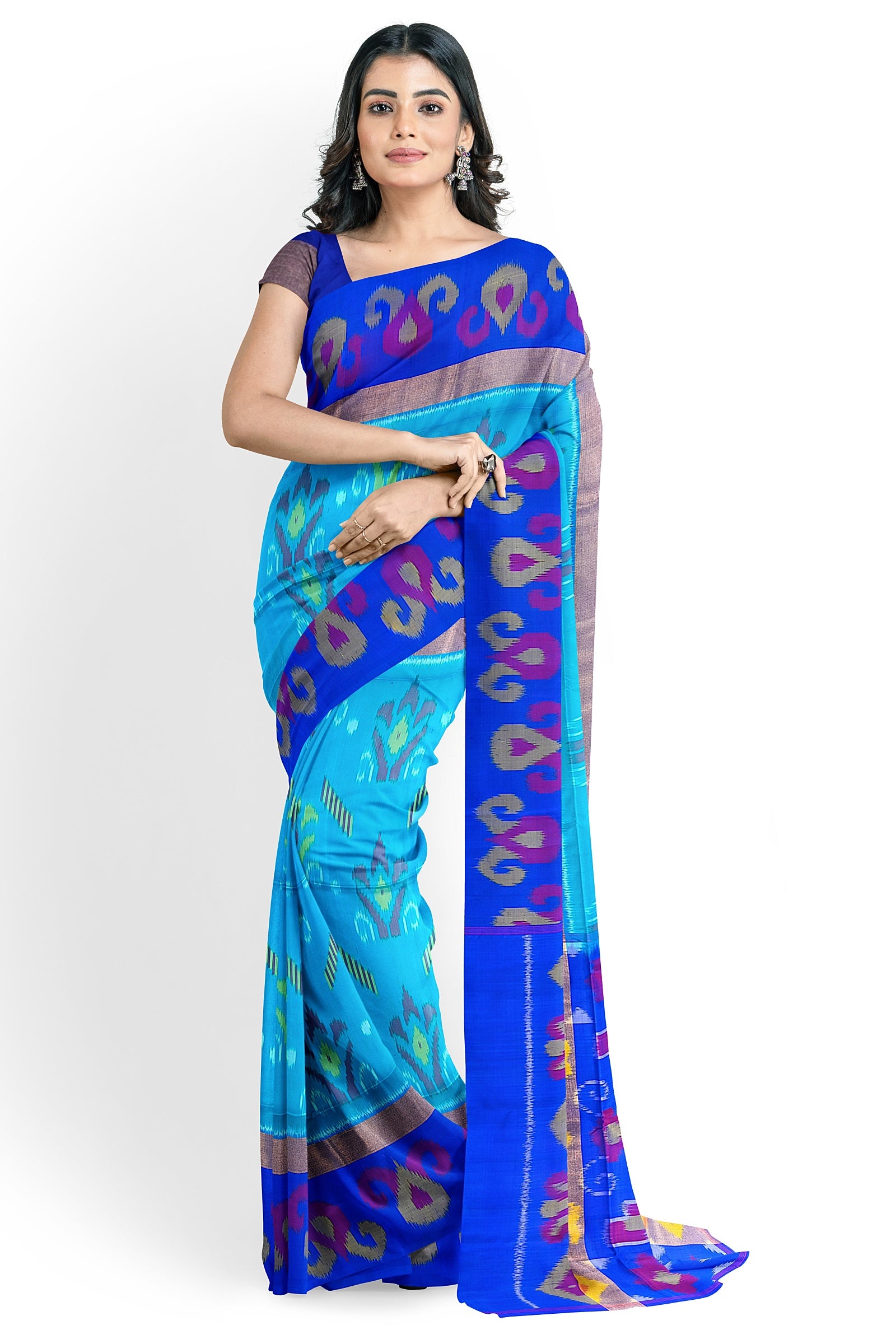 Sky Blue Plain Border Premium Polycotton Raw Silk Saree For Hotel Unif–  Uniform Sarees