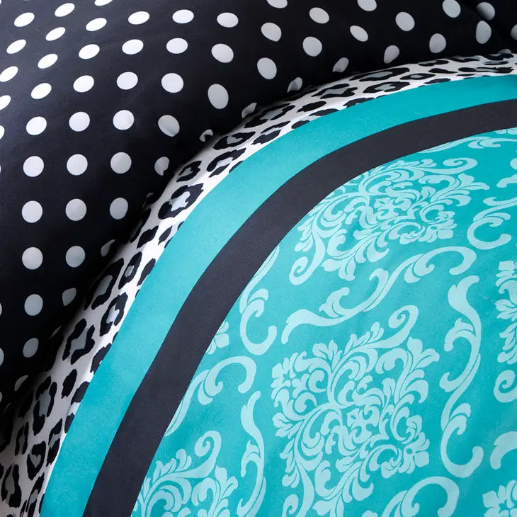 Teal Blue Leopard Damask 4-Piece Comforter Set