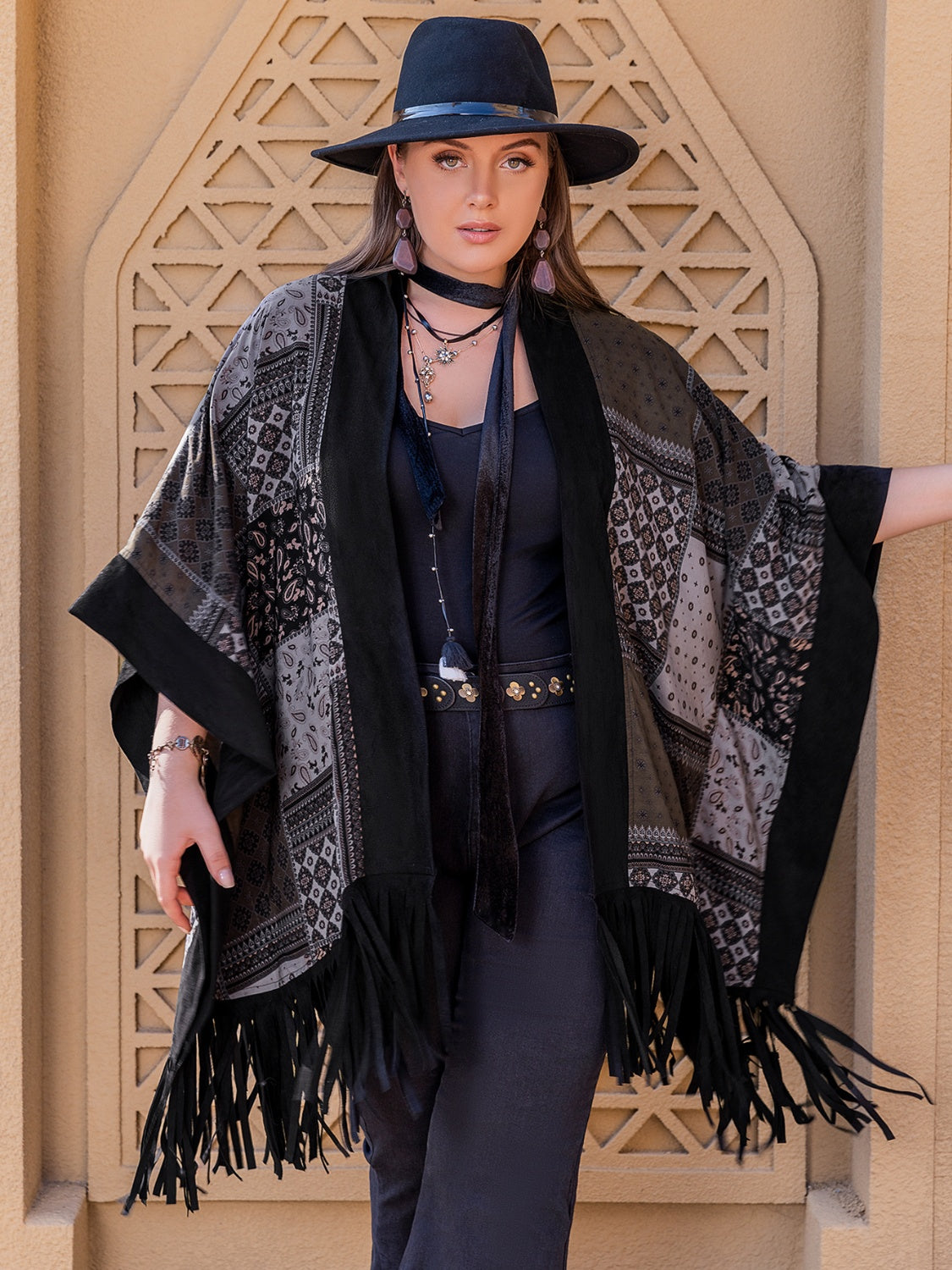 Plus Size Printed Fringe Open Front Poncho Jacket