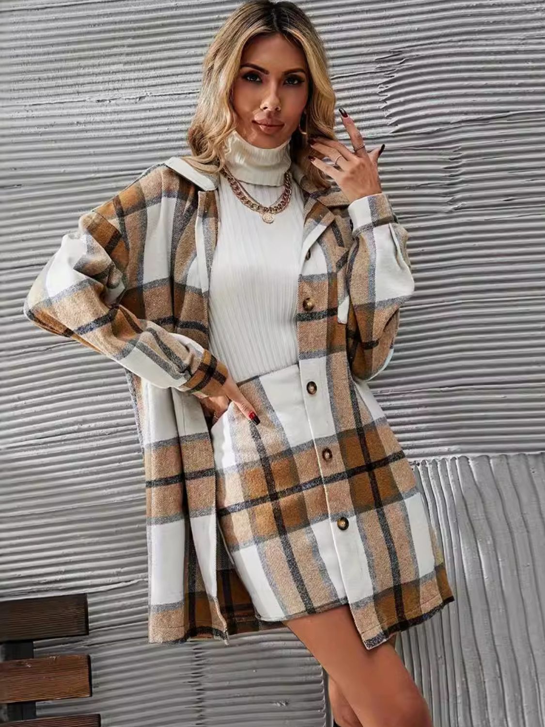 Plaid Button Up Long Sleeve Skirt Set