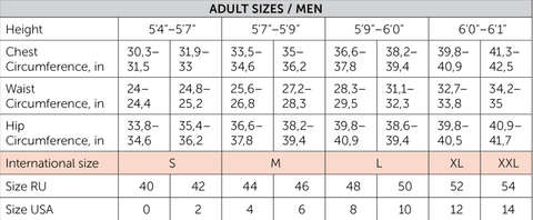 Nikolay Mens Apparel Size Chart