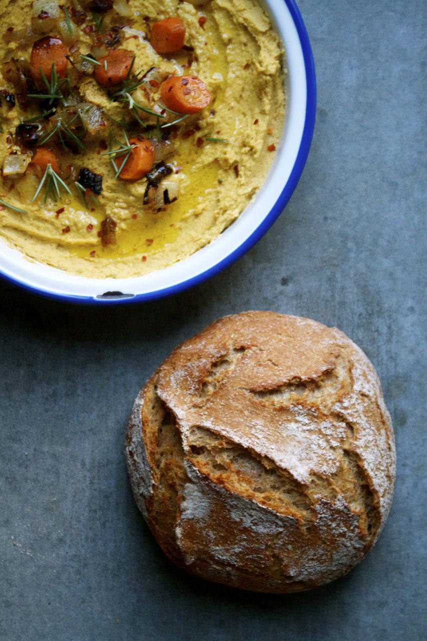 Roasted Carrot Rosemary Hummus + Whole Wheat Bread