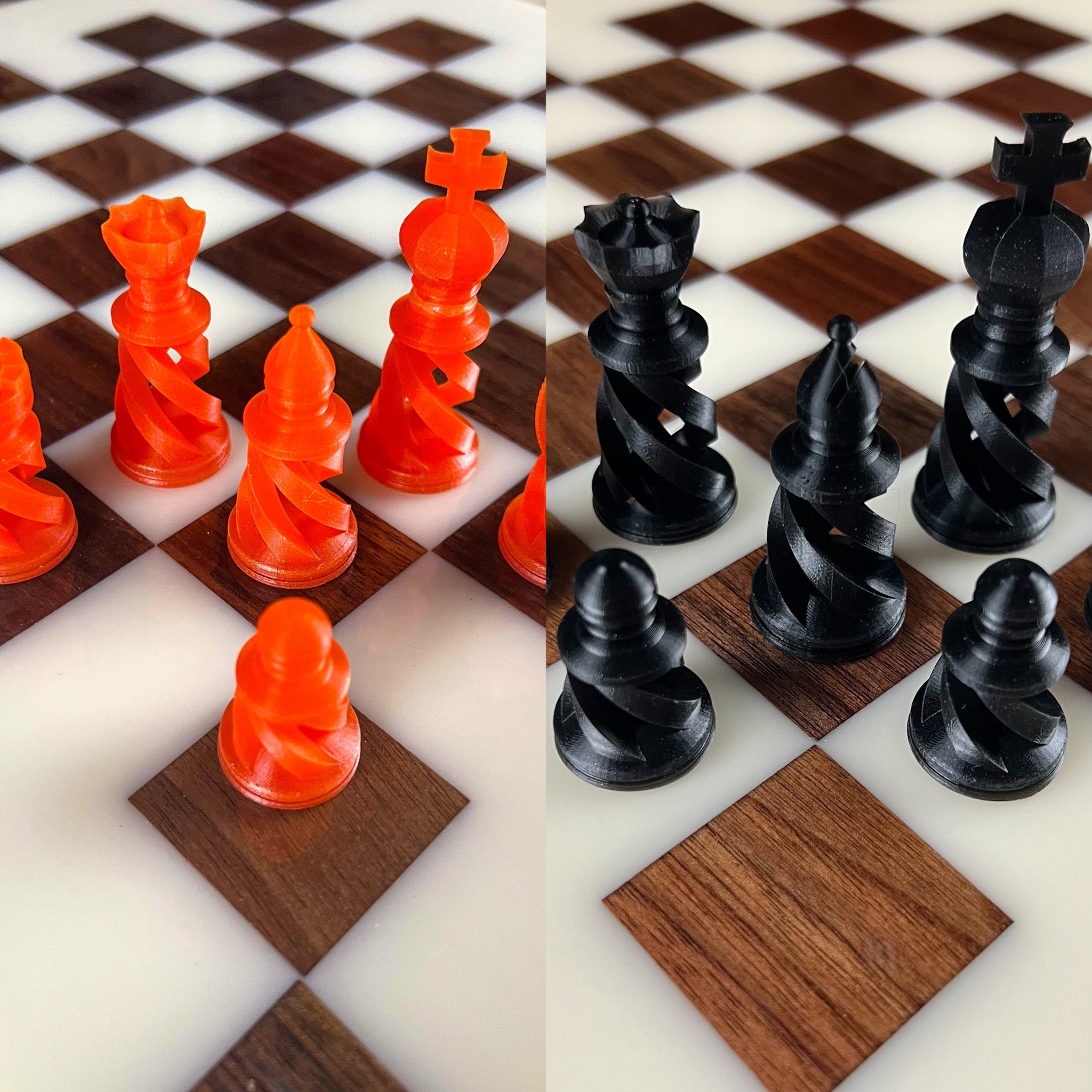 Heart-shaped chess pieces in wine and black colors, on a board