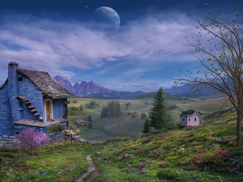 pink and blue landscape with cottages