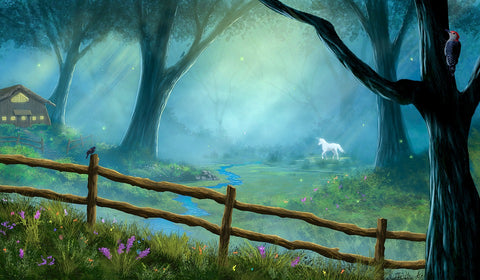 fantasy forest with unicorn and cottage