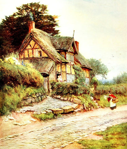 vintage picture of cottage with woman