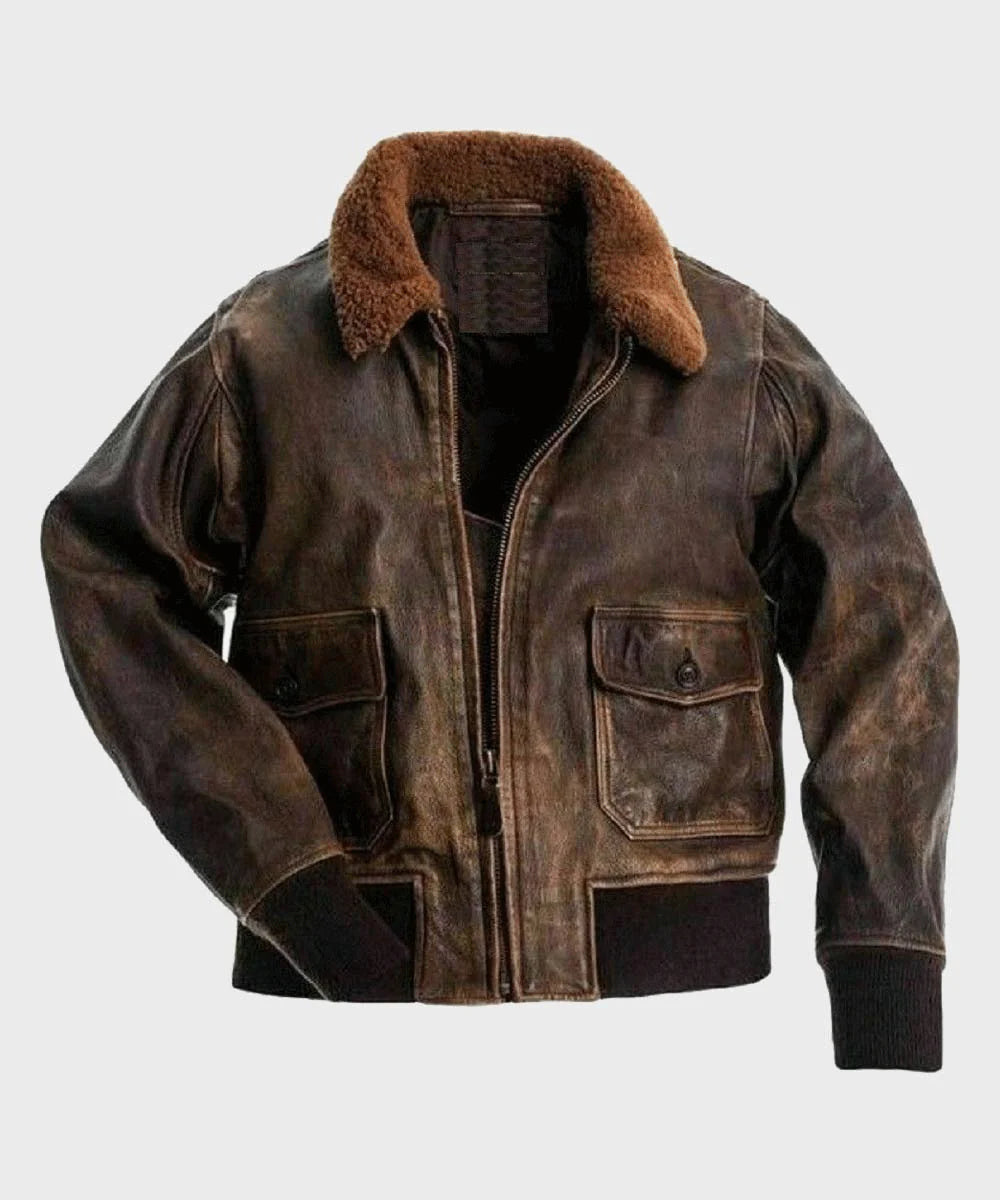 Men’s Distressed Brown Leather Flight Bomber Jacket