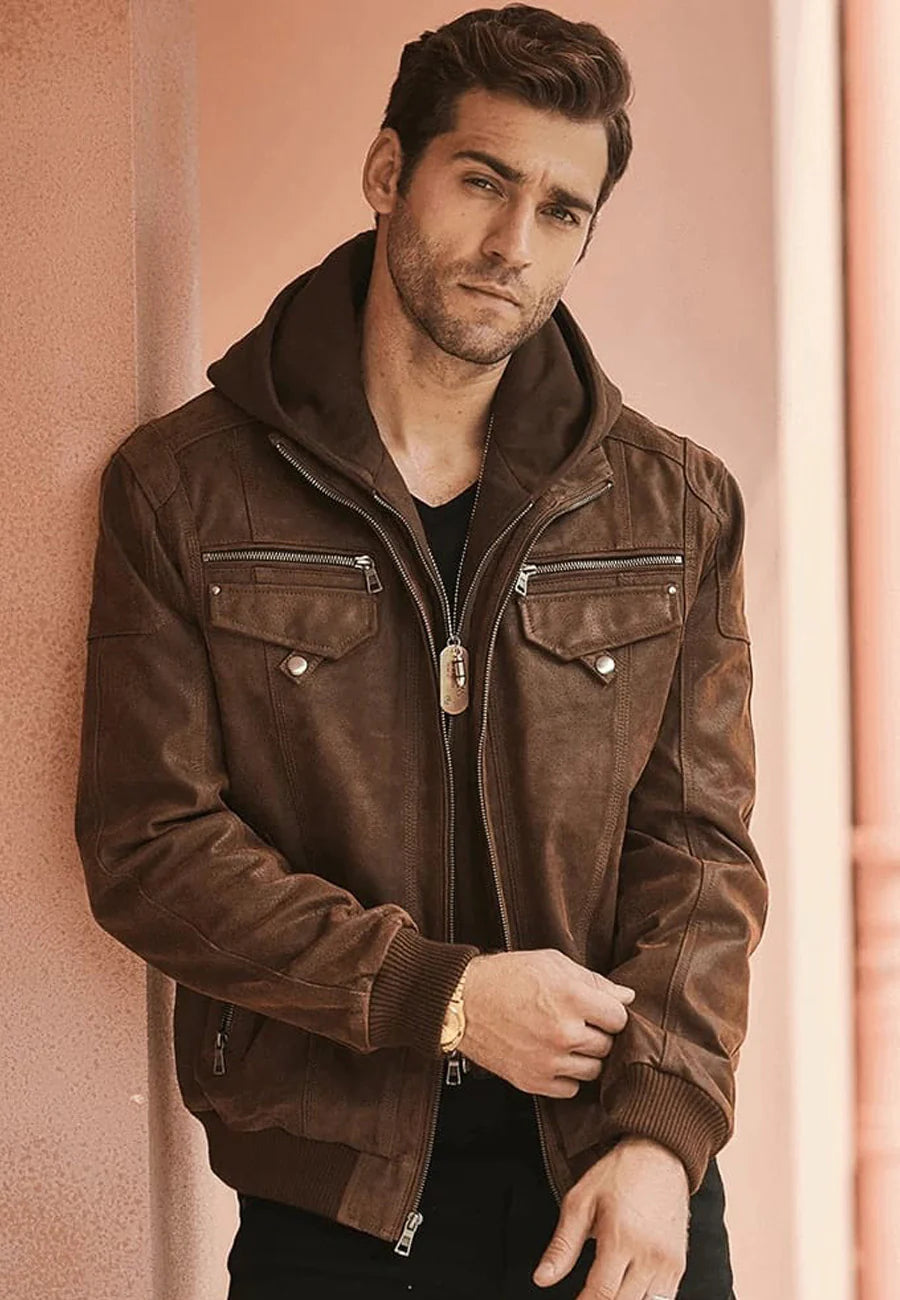 Men's Crunch Brown Leather Bomber Jacket with Removable Hood