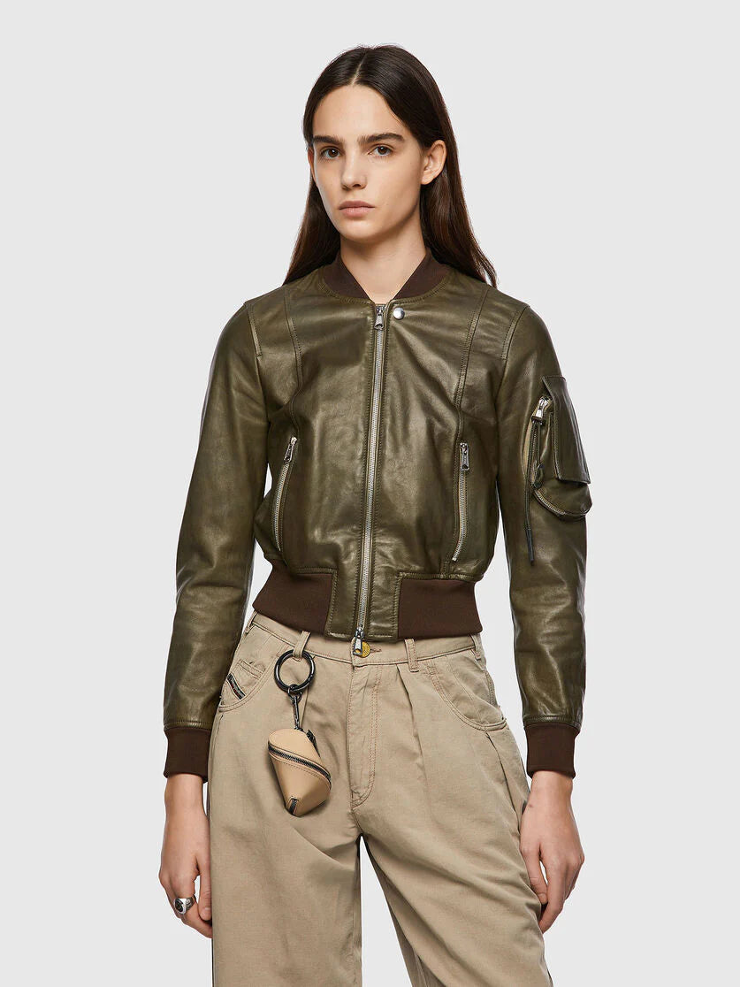 Women’s Green Leather Bomber Jacket with Arm Pocket