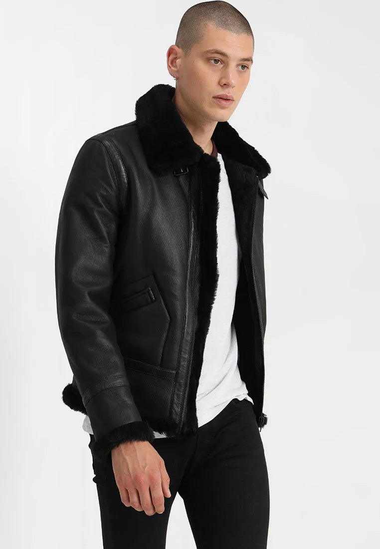 Men’s Aviator Black Leather Shearling Jacket