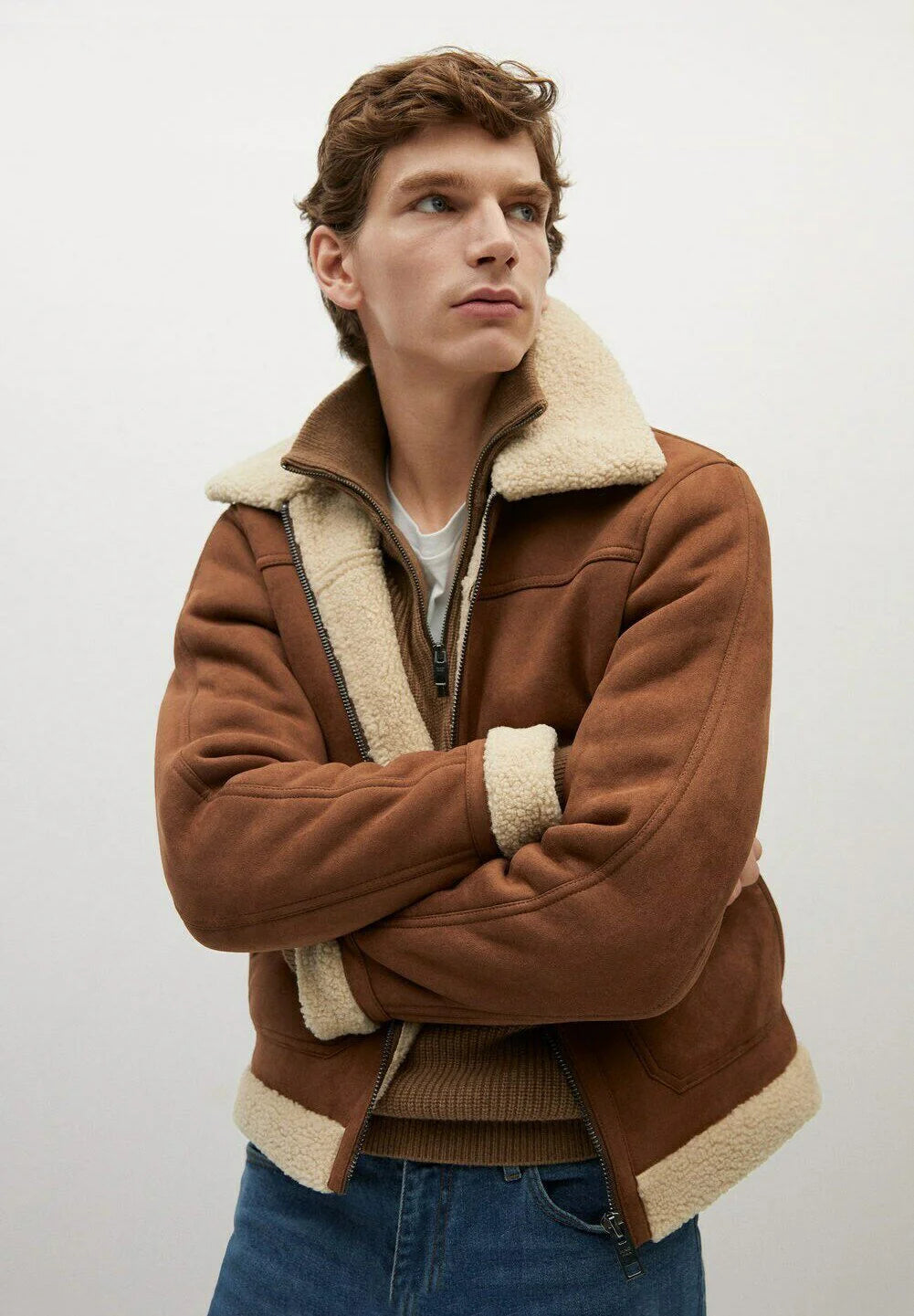 Men’s Aviator Tan Brown Leather Shearling Jacket