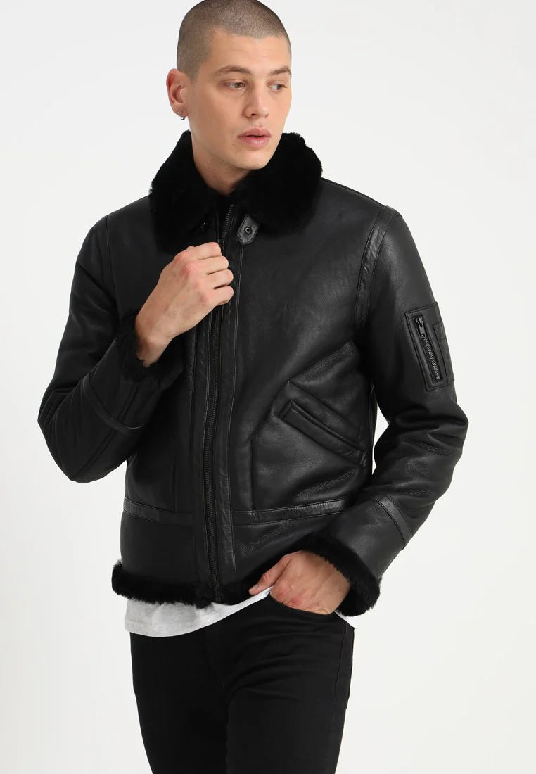 Men’s Aviator Black Leather Shearling Jacket