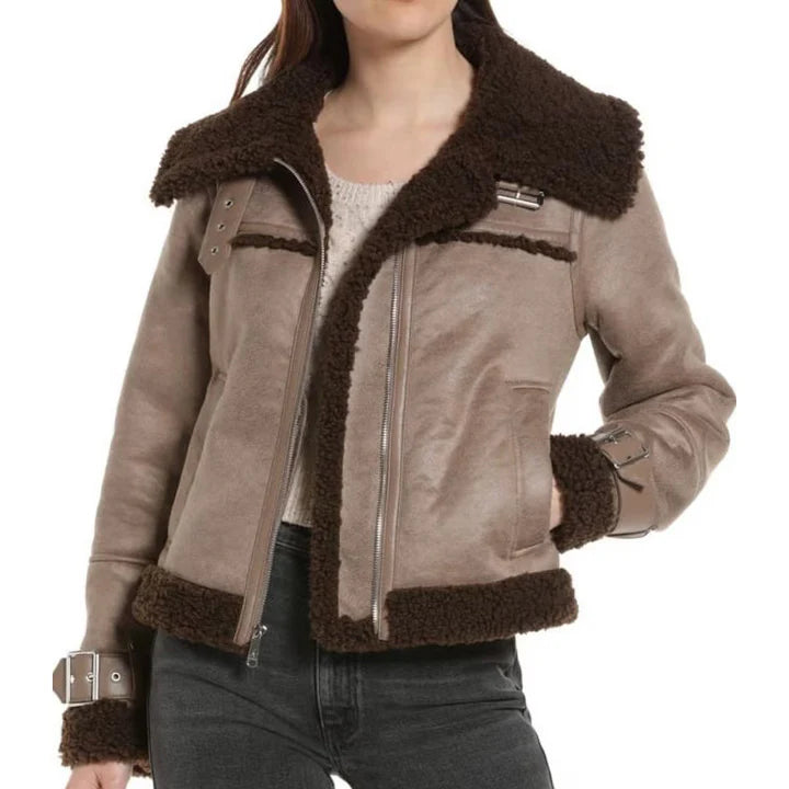 Women’s Flight Aviator Pilot Shearling Sherpa Leather Jacket