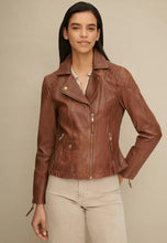 Load image into Gallery viewer, Women&#39;s Tan Brown Leather biker jacket
