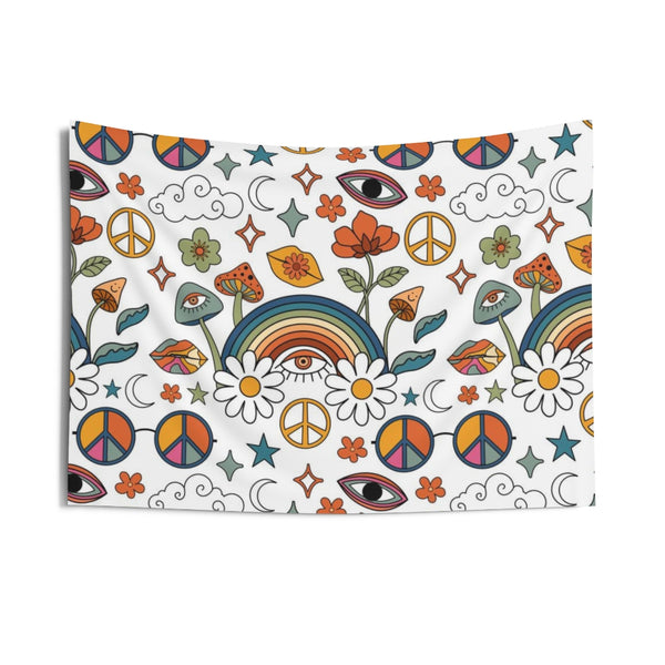 Retro Tapestry | Rainbow White Hippie Icons
