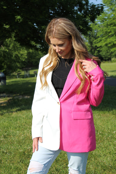Asentar Aliado Útil Pink/White or Beige/White Half n Half Buttoned Blazer | Ella G Boutique