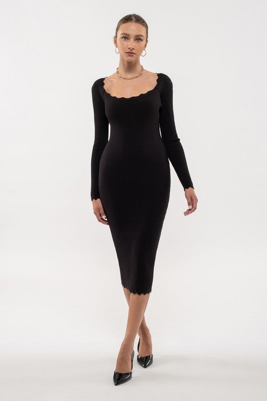 Feeling Coy Black Scalloped V-Neck Bodycon Dress