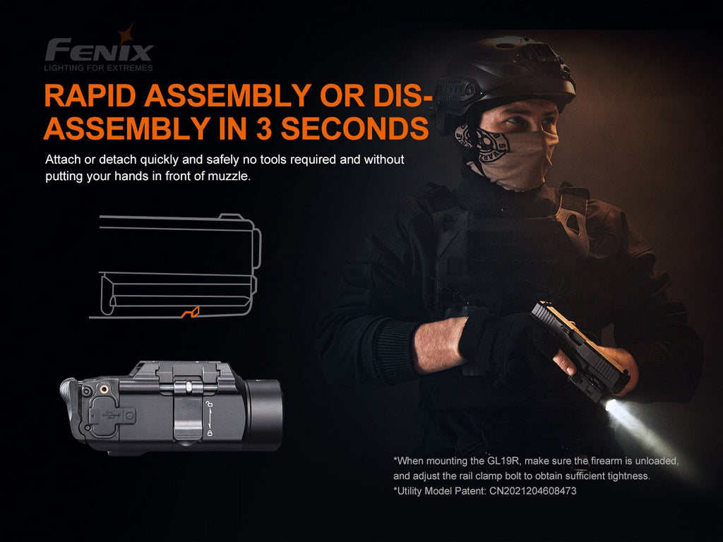 Fenix GL19R Rechargeable Tactical Light best mountable light with 1200 Lumens of white light available in India.