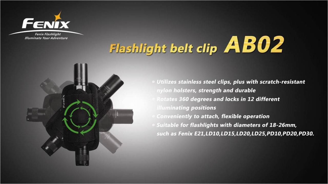 Fenix AB02, Fenix Flashlight Holster, 360 Degree Rotatable Flashlight Holder, Belt Clip