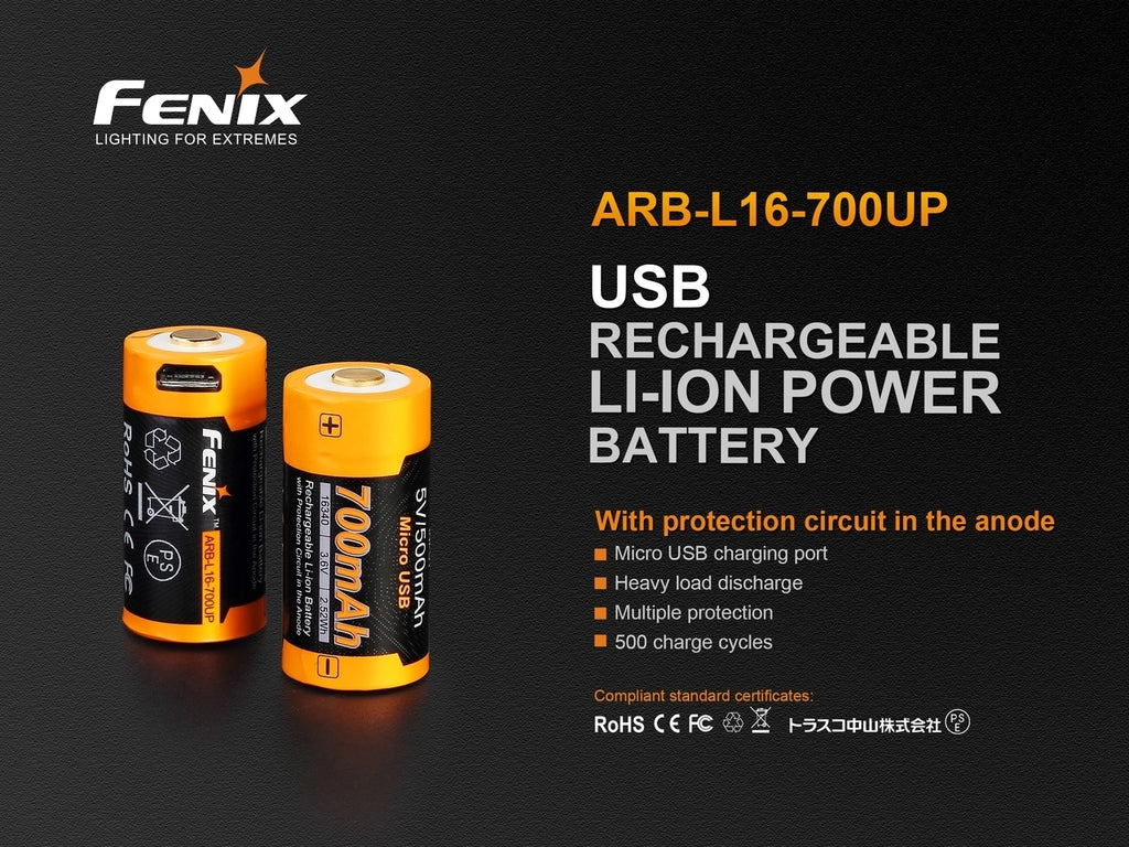 Fenix 16340 700mAh Micro USB Rechargeable Battery, ARB L16 700UP Micro USB Rechargeable Battery, Lithium ion battery
