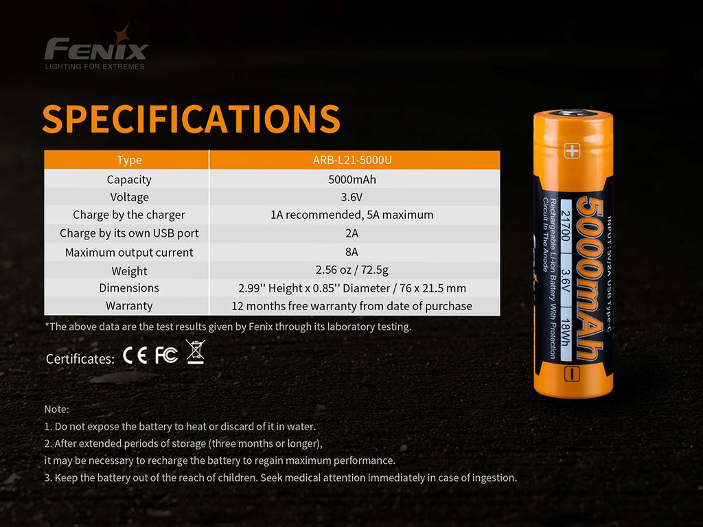 Fenix 21700 5000mAh Capacity Rechargeable Lithium Ion Battery, Rechargeable Battery in India, BIS Compatible Batteries, USB C-Type 21700 Protective Battery