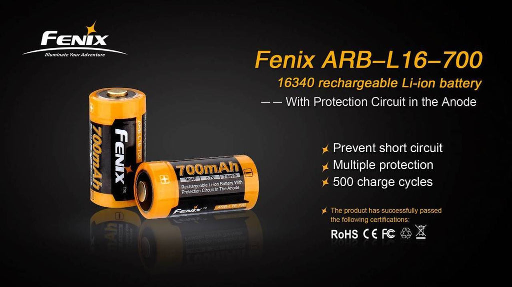 Fenix 16340 Lithium Ion Rechargeable Battery, Rechargeable CR123A Battery, Fenix ARB-L16-700 Li-ion Battery, 3.7v Protected Battery, BIS Approved Lithium Ion Battery