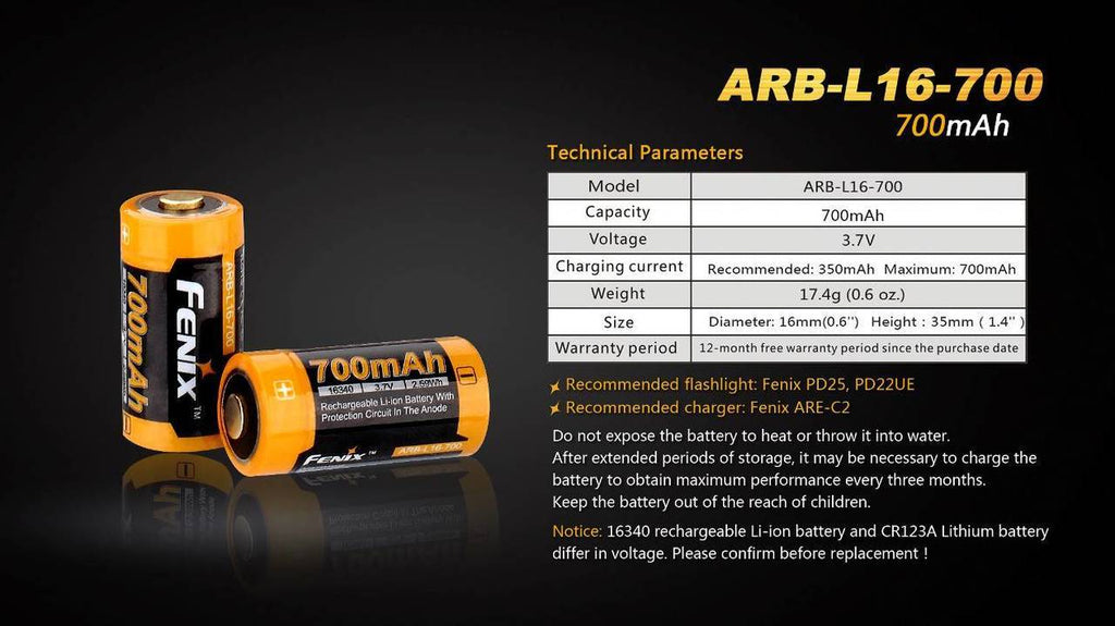 Fenix 16340 Lithium Ion Rechargeable Battery, Rechargeable CR123A Battery, Fenix ARB-L16-700 Li-ion Battery, 3.7v Protected Battery, BIS Approved Lithium Ion Battery