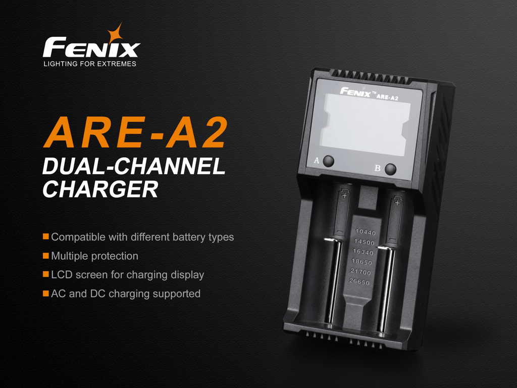 Fenix ARE A2, Two Slot Smart Charger, Rechargeable battery charger, Compatible charger to 18650, 16340, 14500 and other rechargeable AA, AAA and Lithium Ion Batteries, Charging and discharging Charger, Compact and Powerful protected Charger with LCD Screen Display