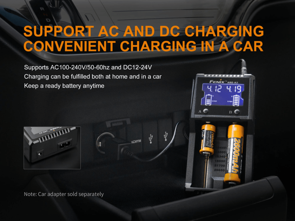 Fenix ARE A2, Two Slot Smart Charger, Rechargeable battery charger, Compatible charger to 18650, 16340, 14500 and other rechargeable AA, AAA and Lithium Ion Batteries, Charging and discharging Charger, Compact and Powerful protected Charger with LCD Screen Display